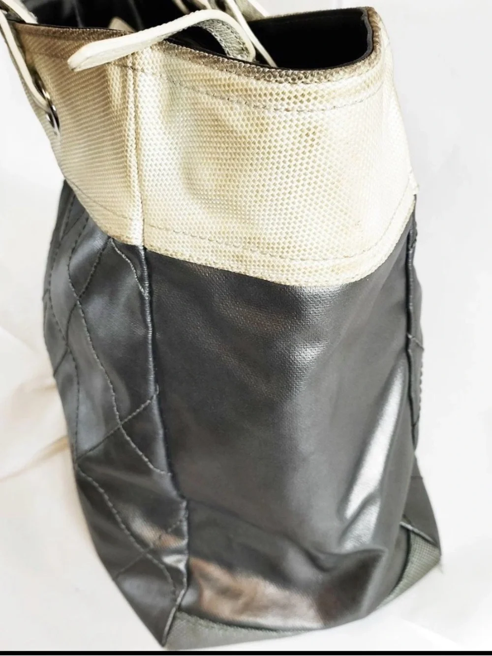 CHANEL Quilted Metallic Black Tote with Cream Accents